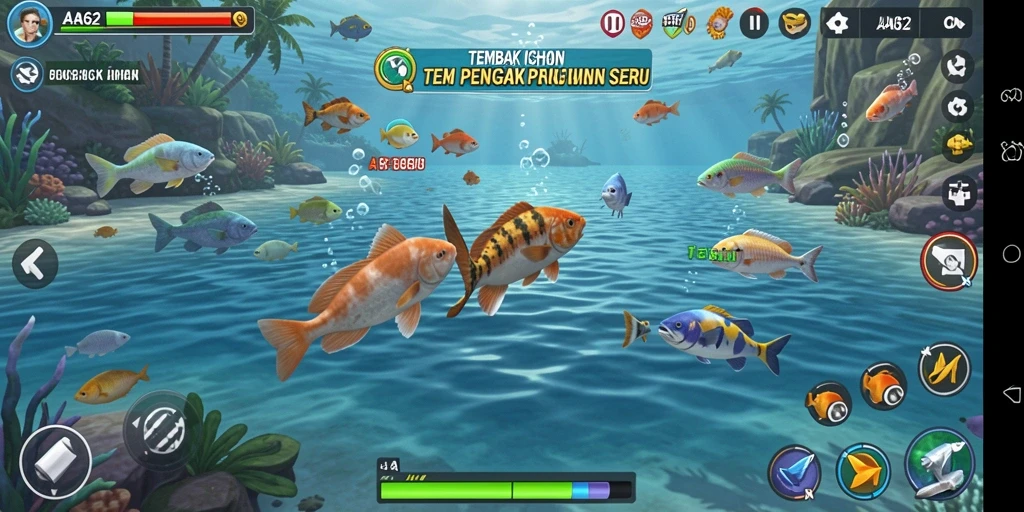 Screenshot dari gameplay AA62 yang menampilkan aksi seru menembak ikan.