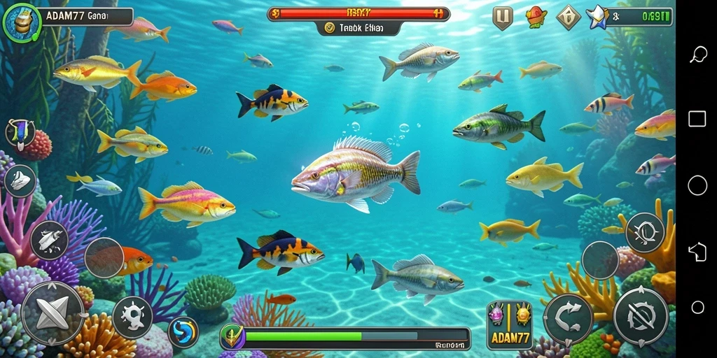 Screenshot gameplay ADAM77 menampilkan aksi berburu ikan yang seru.