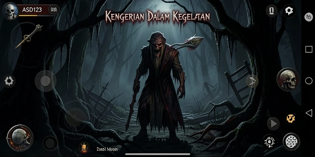 Screenshoot gameplay menyeramkan dari ASD123 saat menjelajahi ruangan gelap.