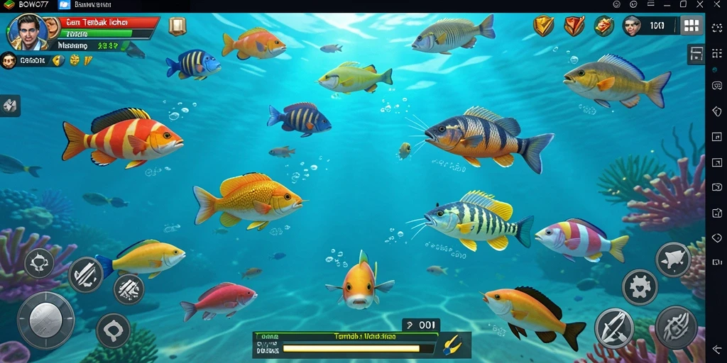Tampilan gameplay BOWO77 dengan aksi menembak ikan yang dinamis.