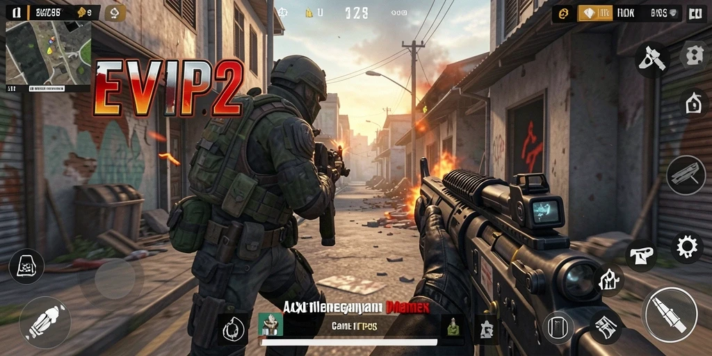 Tampilan gameplay seru dalam EVIP2, menunjukkan aksi tembak-menembak yang intens.