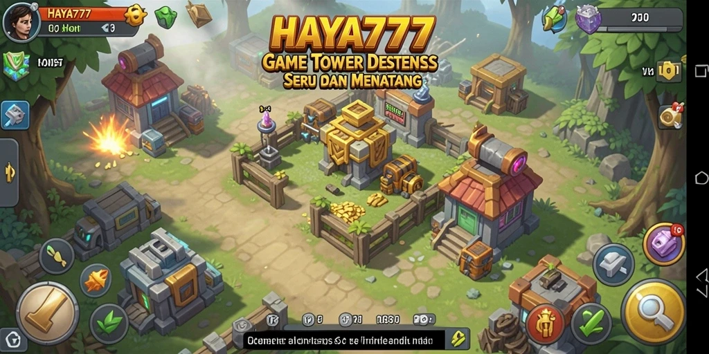 Tampilan gameplay HAYA777 dengan menara dan serangan musuh yang intens.