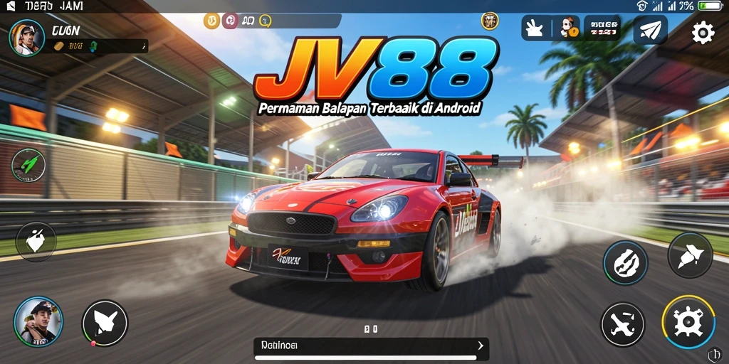 Tangkapan layar menunjukkan balapan penuh aksi di JV88 dengan mobil yang melaju kencang.