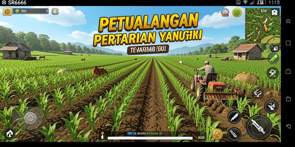 Tampilan gameplay SR6666 dengan ladang yang subur dan aktivitas pertanian.